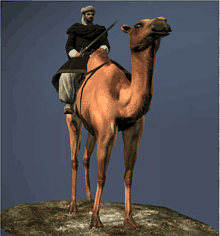 a man is riding a camel with a sword in his hand