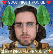 a picture of a man with leaves on his ears with the words good night pookie sleep well i love you