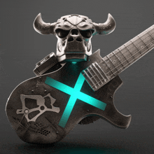 a guitar with a skull on top and a cross on the neck