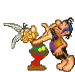 a pixel art of a cartoon character holding a sword and a statue .