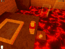 a screenshot of a video game shows a lava floor and a statue