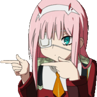 a girl with pink hair and blue eyes is pointing