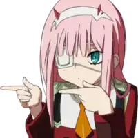 a girl with pink hair and blue eyes is pointing