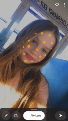 a girl taking a selfie with flowers on her face and a try lens button