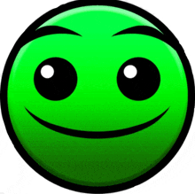 a green smiley face with big eyes and a smile on it 's face .