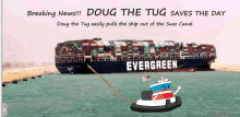 a cartoon of a tug pulling a large evergreen container ship out of the suez canal