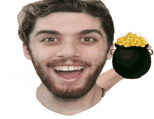 a man with a beard is holding a pot full of gold coins