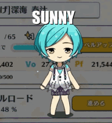 a cartoon girl with blue hair and the word sunny on her head