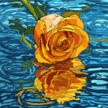 a yellow rose is reflected in the water