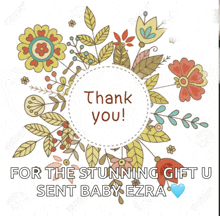 a thank you card with flowers and leaves around it