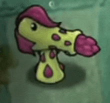 a cartoon drawing of a mushroom with a pink tongue and a yellow head .