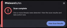 a malwarebytes screen shows that one or more threats were detected and take action now