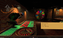 a video game shows a man playing roulette with a brick wall behind him