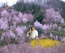 a man and woman are standing in a field of pink flowers