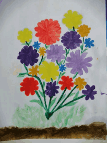 a child 's drawing of a bunch of colorful flowers on a white background