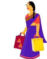 a woman in a blue saree is carrying a yellow bag and a red bag