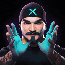 a man with a beard is wearing a black beanie with a blue x on it