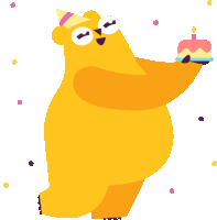 a yellow bear wearing a party hat is holding a cake with a candle