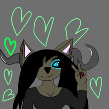 a drawing of a wolf with horns and hearts around her