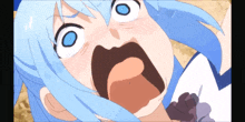 a close up of a girl with blue hair making a surprised face