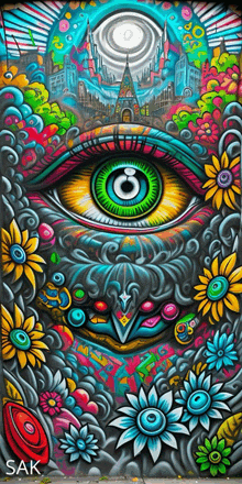 a colorful painting of an eye surrounded by flowers and a castle