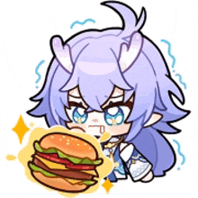 a cartoon character with horns is eating a hamburger with cheese .