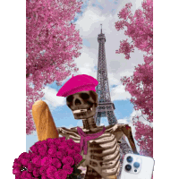 a skeleton wearing a pink beret is holding a loaf of bread and flowers