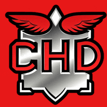 a logo for chd with wings and a diamond on a red background