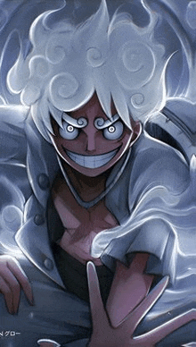 a cartoon character with white hair and a big smile on his face is reaching out towards the camera .