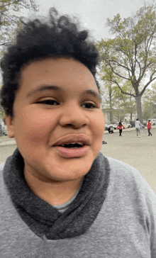 a young boy wearing a grey sweater and a gray scarf