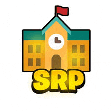 a cartoon illustration of a school building with a clock on the top and the words srp below it .