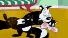 a cartoon skunk is holding a cat in his arms while another skunk looks on .