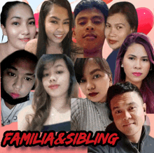 a collage of faces with the words familia & sibling written above them