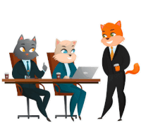 a cartoon illustration of three cats in suits sitting at a table