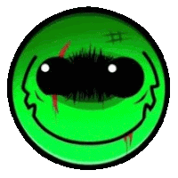 a green smiley face with black eyes and a stitch on it .