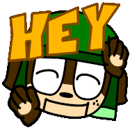 a cartoon character wearing a green hat holds up a sign that says hey