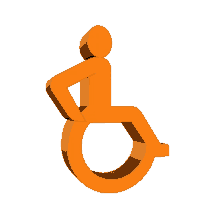 an orange icon of a person in a wheelchair against a white background