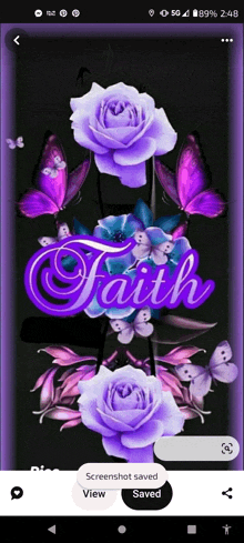 a phone screen shows purple roses and butterflies with the word faith above them