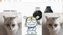 a xiaomi watch 2 advertisement with a cat and a cartoon character