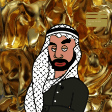 a cartoon drawing of a man with a gold background and a credit card that says 9999 9999 9999 9999 9999