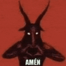 a devil with horns is making a heart shape with his hands and the word amen is on the bottom .