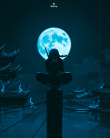 a ninja sitting on a pole with a full moon behind him