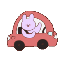 a purple rabbit is sitting in a red car