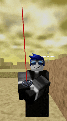 a cartoon character with a blue hair and sunglasses holds a red sword