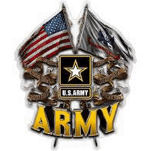 a u.s. army logo with two american flags and a star on it .