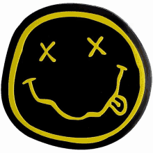 a black circle with a yellow smiley face and x 's on it