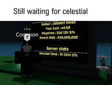 a poster that says still waiting for celestial with a picture of a person