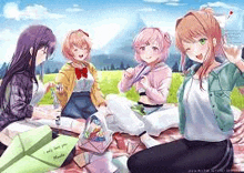 a group of anime girls are having a picnic in the grass .