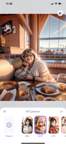 a phone screen shows a woman sitting at a table with a plate of food and drinks