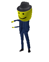 a yellow smiley face is wearing a black hat and a blue suit